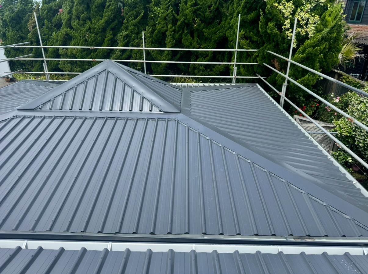 Dark grey ribbed steel roof with a hip and a small gablet, scaffold rails and a conifer hedge behind