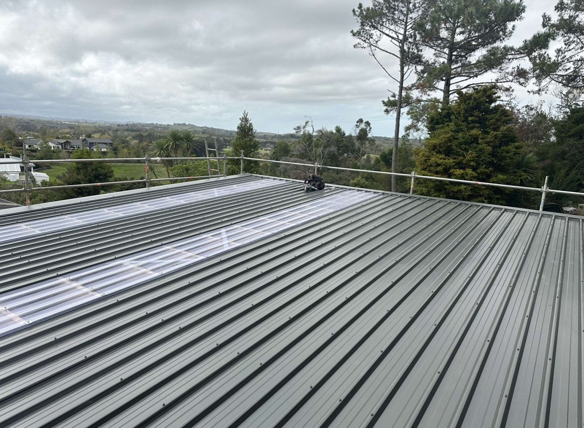 Low pitch grey-green ribbed steel roof with two runs of clear roofing, pines and farmland behind