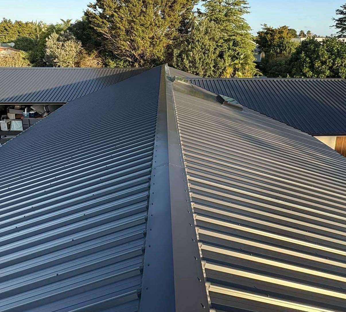View along the ridge capping of a dark grey ribbed steel roof, with trees behind